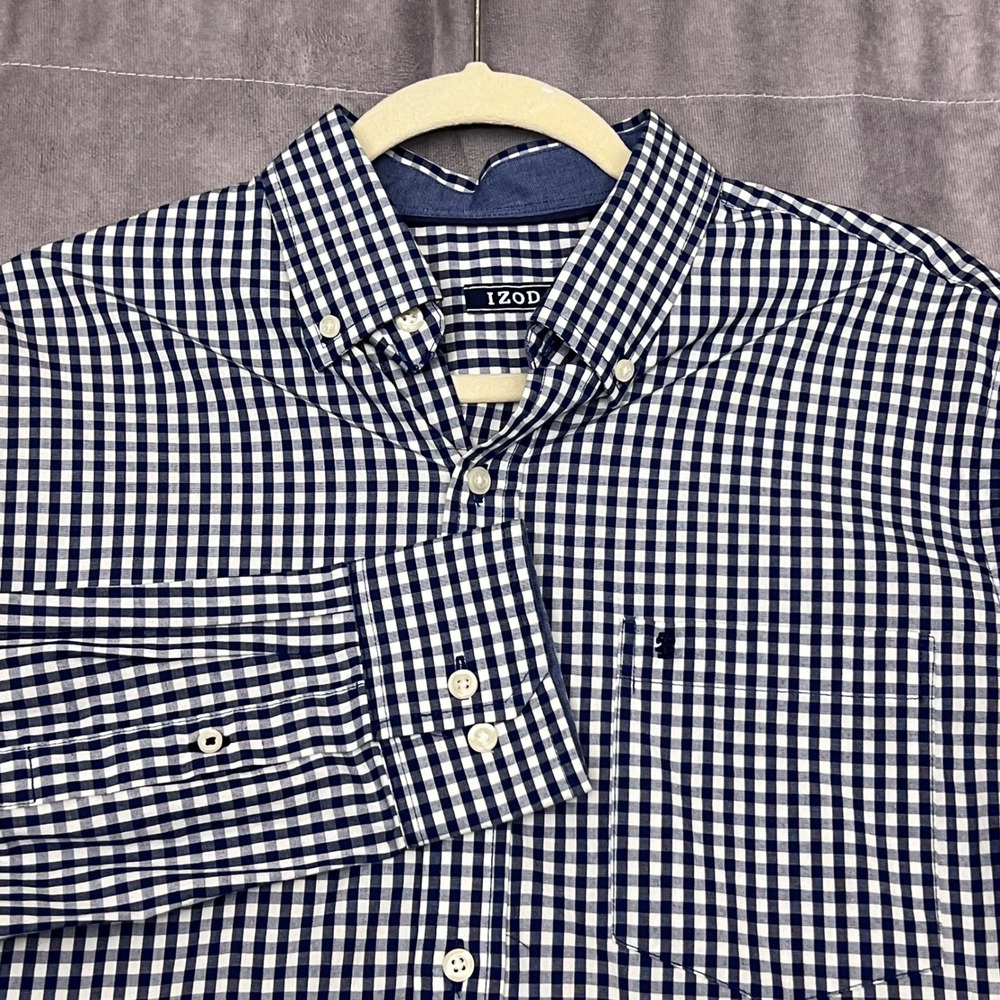 IZOD Button Down Shirt Mens Medium Blue White Gingham Stretch Long Sleeve